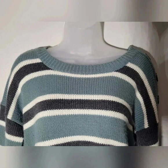 Pink Rose, Striped cropped knit sweater, sage, ivory & gray, womens size LG - Picture 5 of 9
